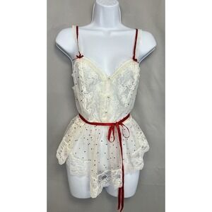 VINTAGE EMIL BOLE White Little Red Heart Lace Print NIGHT-Top Sleep Sz Small Y2K